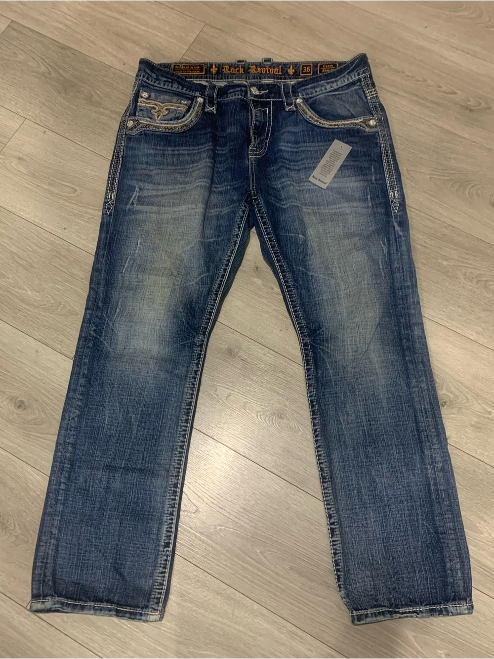 Brand New Men’s Rock Revival Clem Straight Distressed Dark Blue Jeans